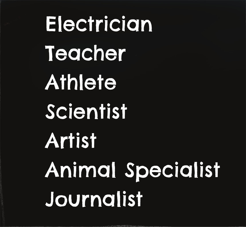 Chalkboard showing list of words: electrician, teacher, athlete, scientist, artist, animal specialist, journalist